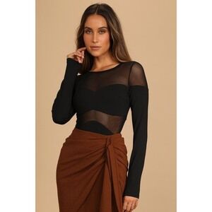 Lulus Mesh Appeal Black Long Sleeve Bodysuit - Size S